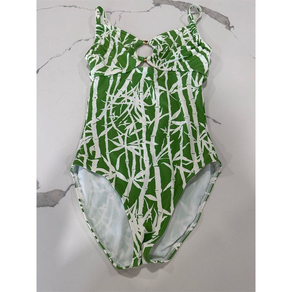 MICHAEL KORS One Piece Swimsuit Green White Bamboo Print Ring Accent Size S